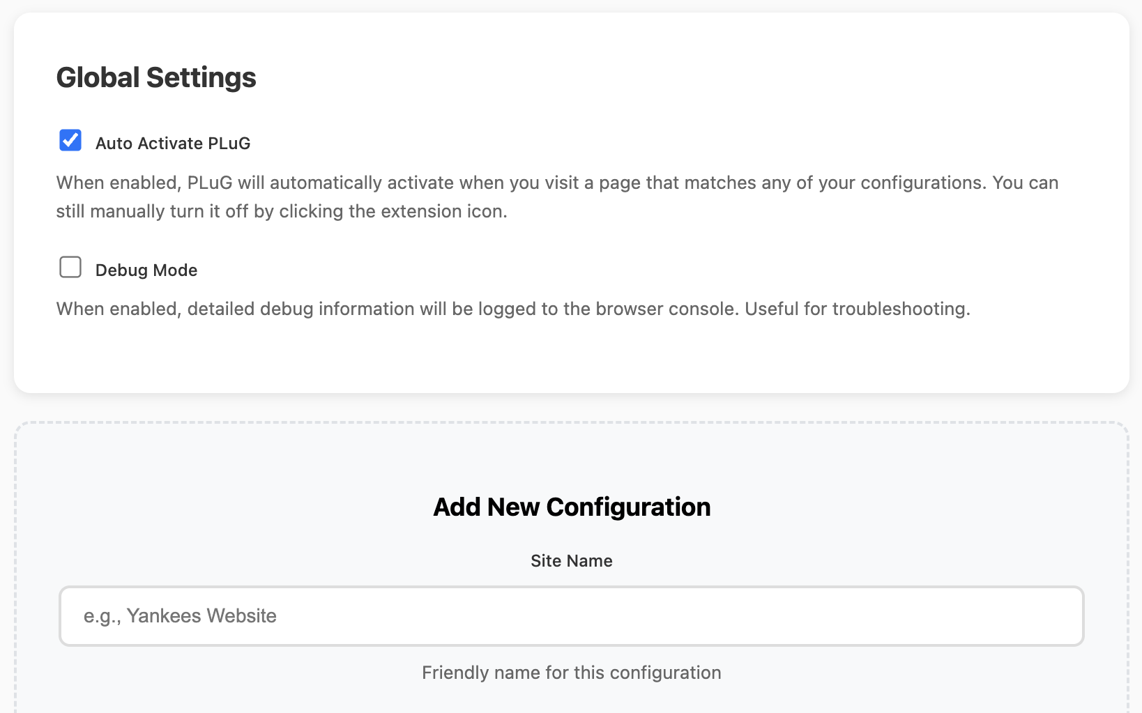 Extension options page configuration interface
