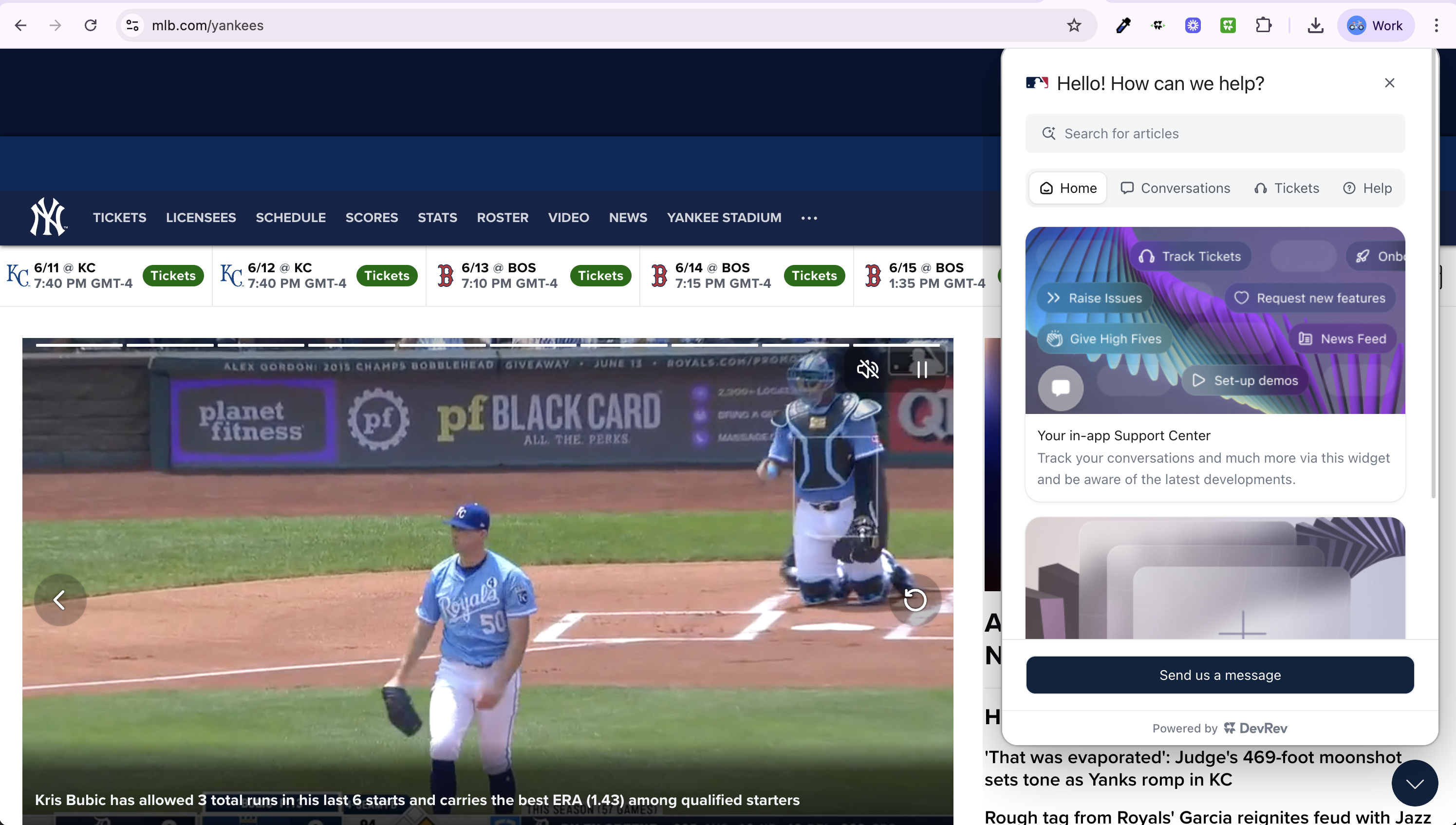 PLuG widget overlay on MLB.com/yankees